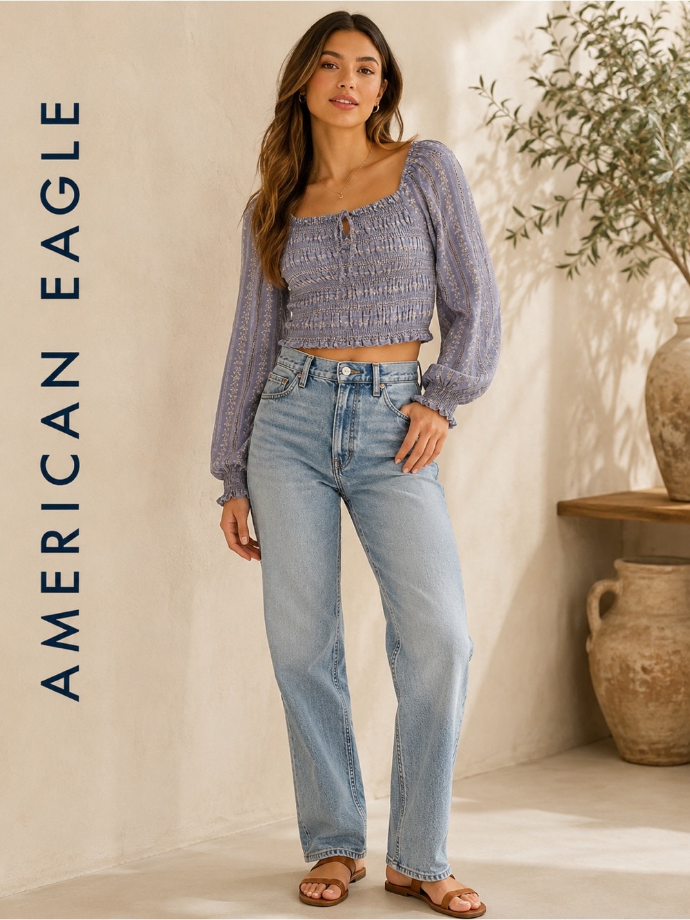 American Eagle Smocked Floral Crop Blouse Blue XS